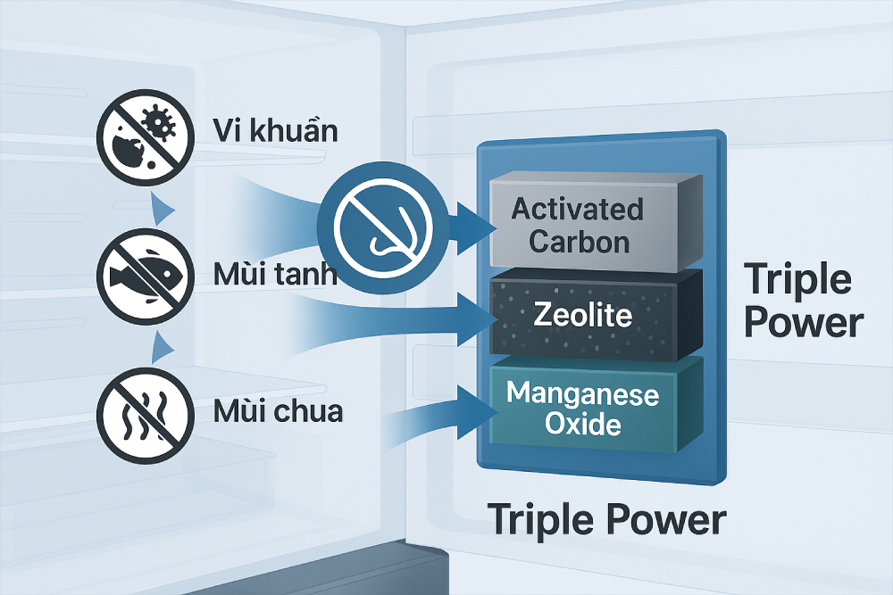 Cấu tạo 3 lớp lọc trong bộ lọc Triple Power gồm than hoạt tính, Zeolite và Mangan Oxide