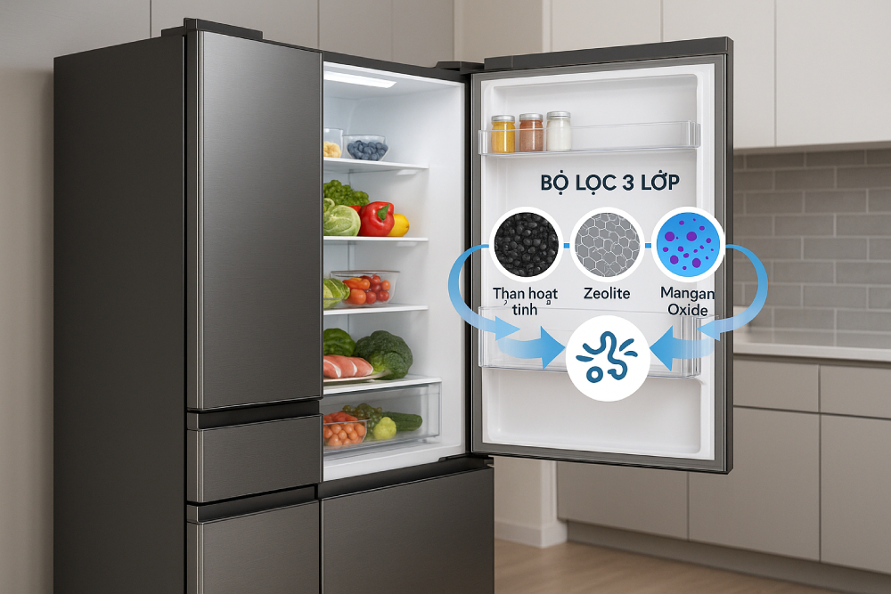 Tủ lạnh Hitachi trang bị bộ lọc Triple Power 3 lớp khử mùi, giữ thực phẩm tươi ngon