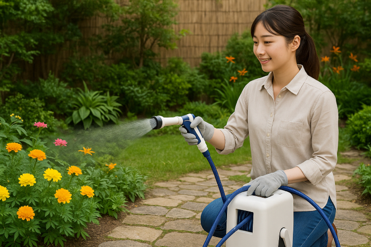 Cô gái đang dùng vòi tưới cây 20m Boxy Twister Takagi RC220TNB để tưới cây
