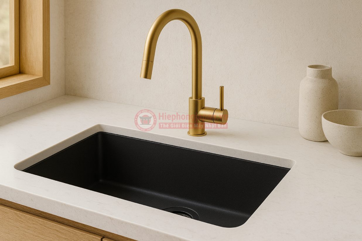 bàn đá trắng với chậu rửa đen và vòi vàng gold sang trọng.