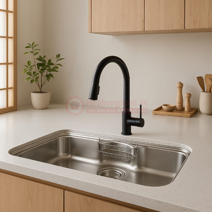 gian bếp Nhật hiện đại với bàn đá sáng và chậu rửa inox sang trọng
