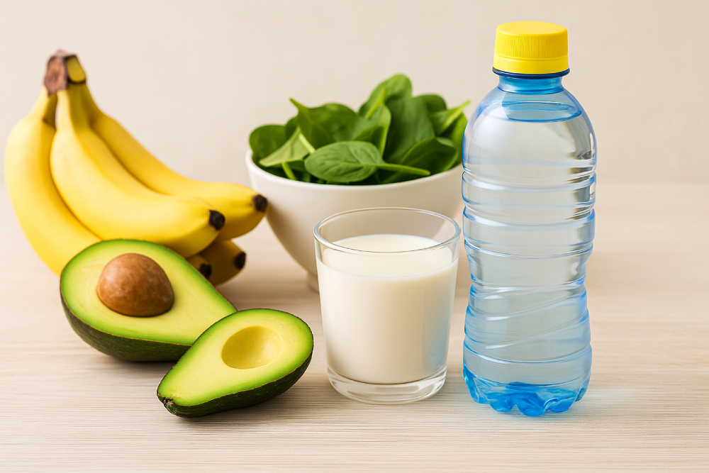 Thực phẩm giàu chất điện giải như chuối, rau xanh, sữa