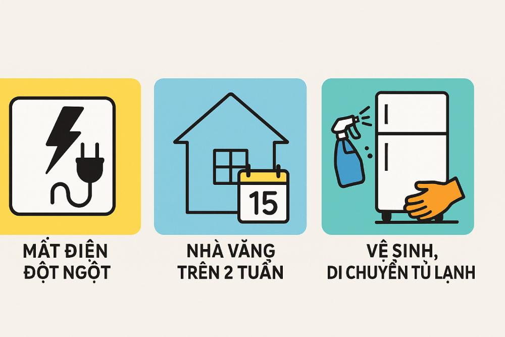 Ba trường hợp nên rút điện tủ lạnh: mất điện, vắng nhà dài ngày, cần vệ sinh thiết bị