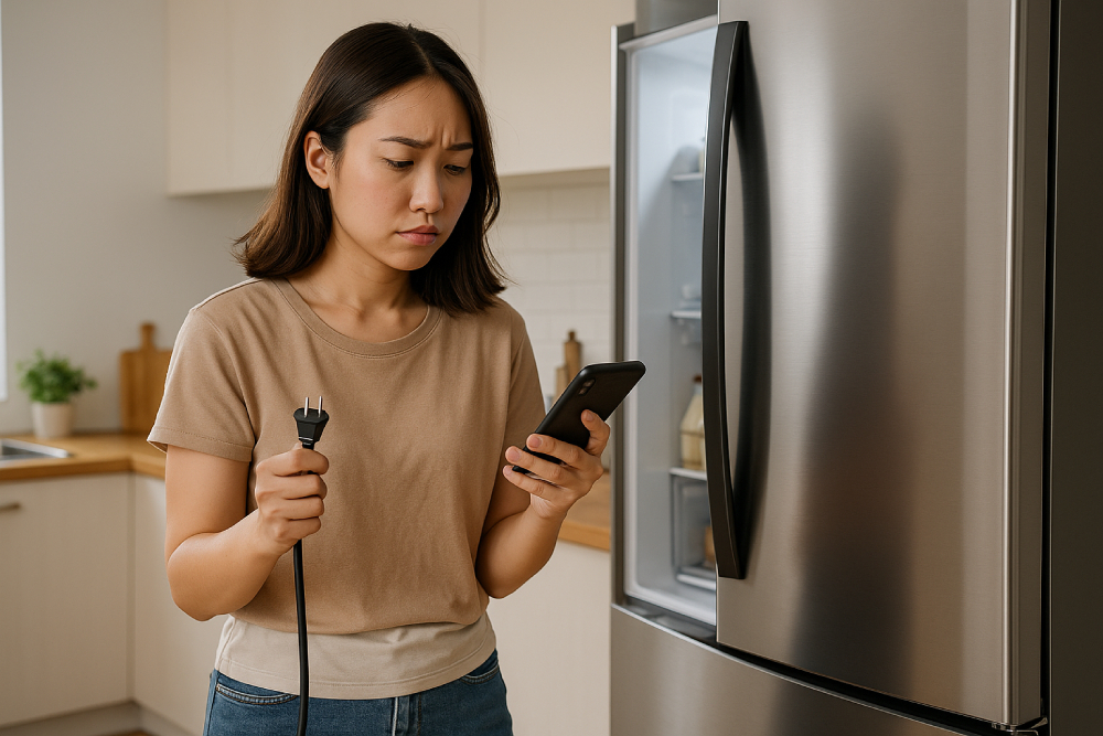 Người nội trợ đang cân nhắc có nên rút điện tủ lạnh khi không sử dụng