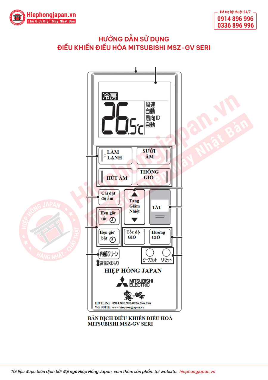 Hướng dẫn sử dụng điều khiển điều hoà Mitsubishi Electric MSZ-GV seri