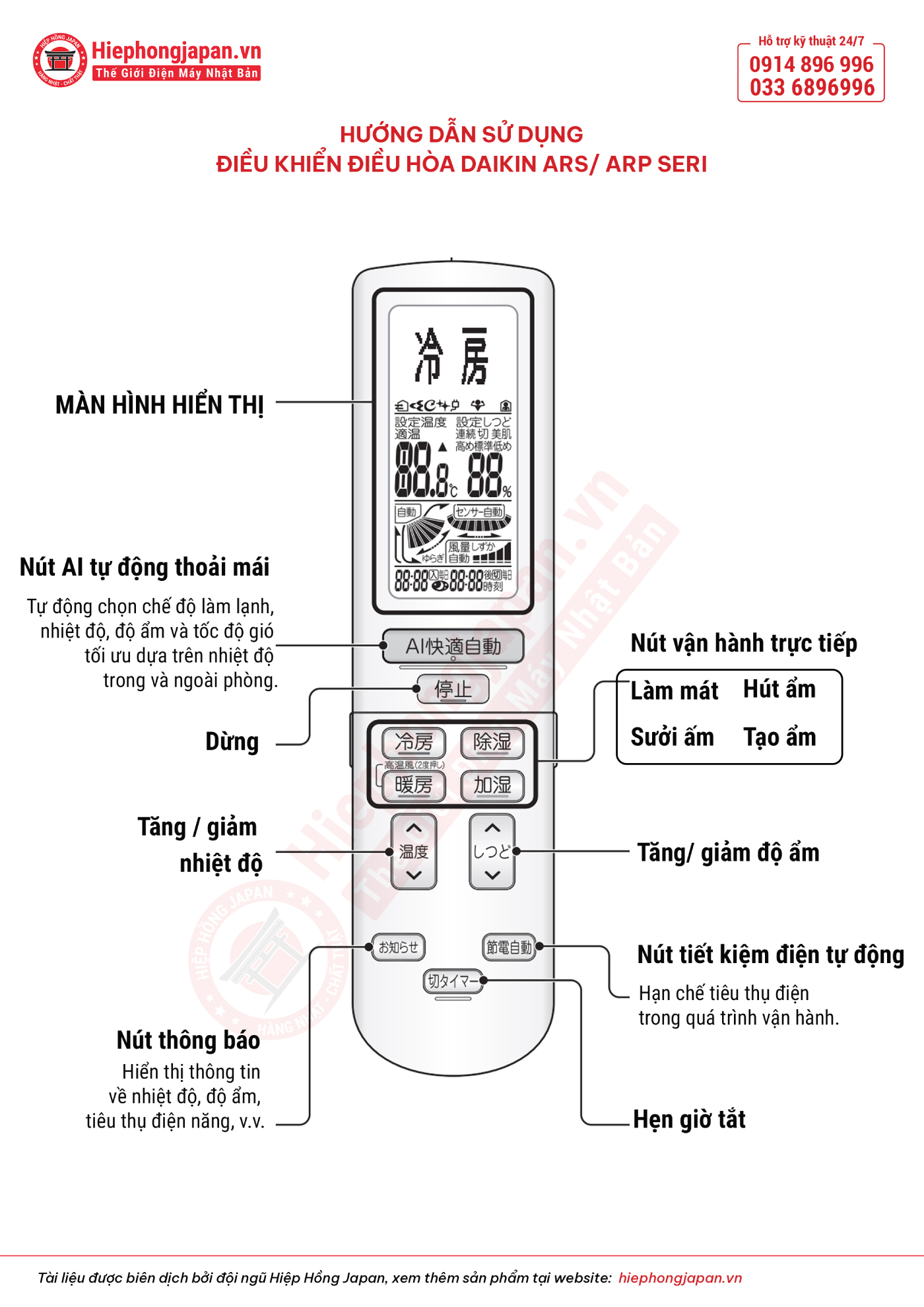 hướng dẫn sử dụng điều hoà Daikin ARS/ARP SERI nội địa Nhật