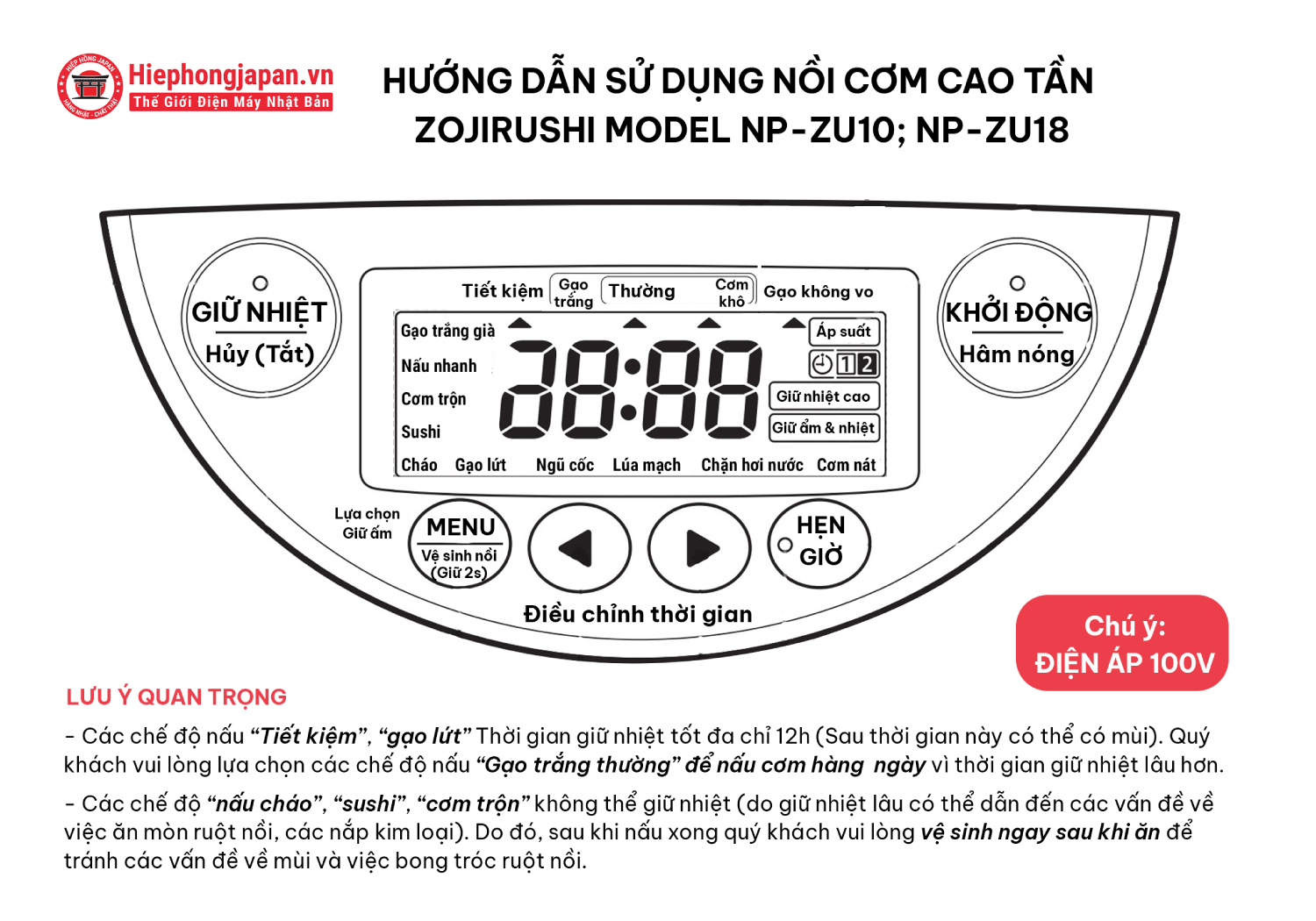 huong dan su dung noi com dien Zojirushi NP-ZU10-ZU18-TD