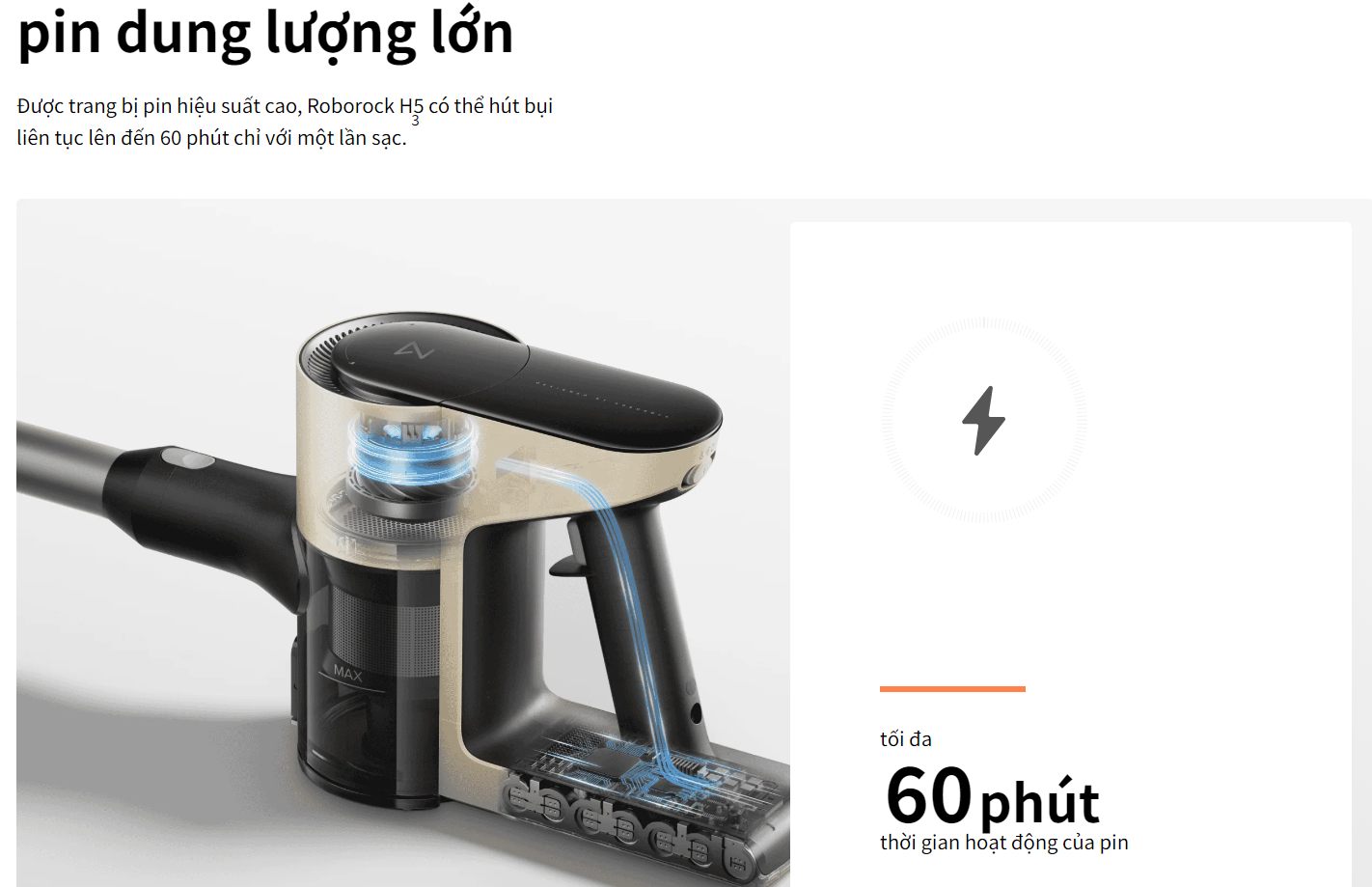 Roborock H5 có dung lượng pin lớn