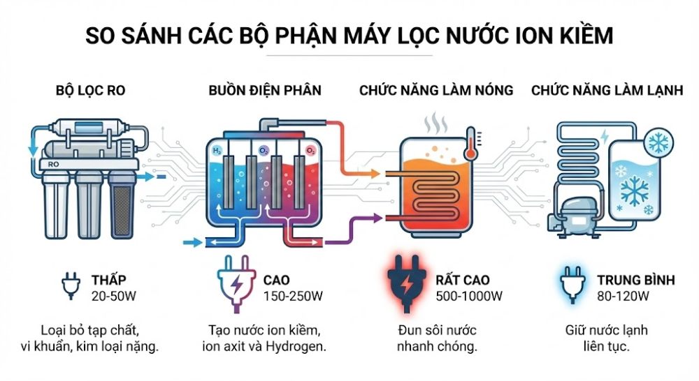 Công suất tiêu thụ điện của từng bộ phận máy lọc nước Ion kiềm