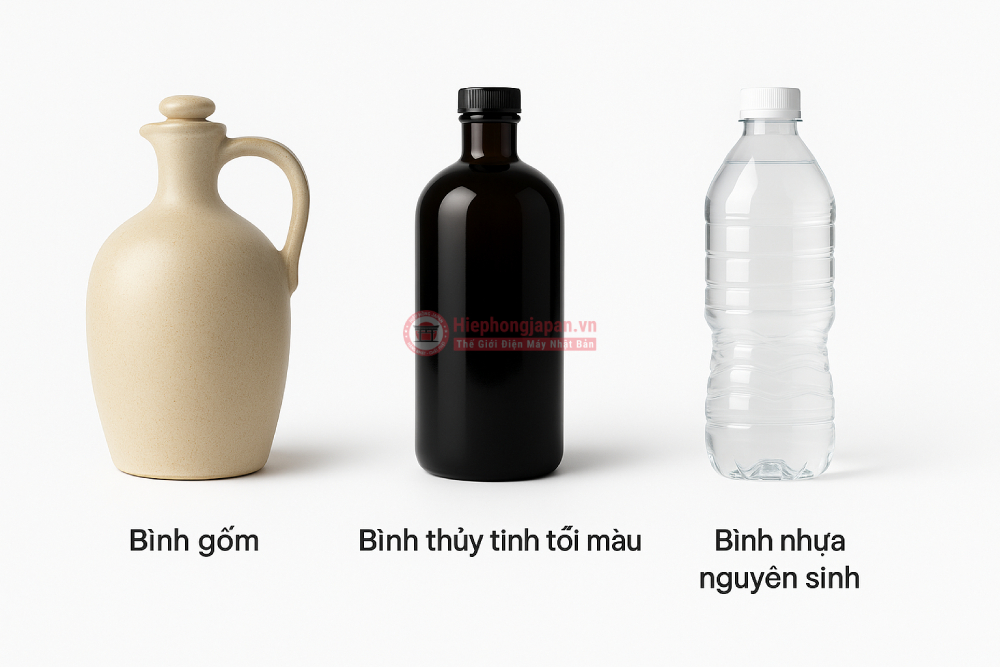 So sánh các loại bình đựng nước ion kiềm: gốm, thủy tinh tối màu, nhựa nguyên sinh.