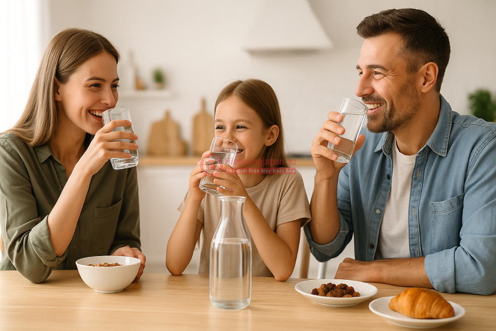 Gia đình sử dụng nước ion kiềm tại nhà, khuyến khích bảo quản đúng cách để tốt cho sức khỏe.