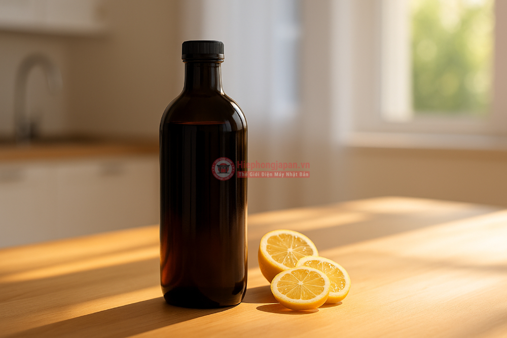 Bình thủy tinh đựng nước ion kiềm đặt trên bàn gỗ, cạnh lát chanh, trong nhà bếp hiện đại có ánh nắng tự nhiên.