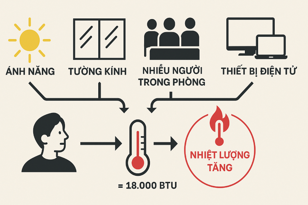 Các yếu tố môi trường làm tăng công suất điều hòa cần thiết cho phòng – ví dụ ánh nắng, kính, người, thiết bị điện.