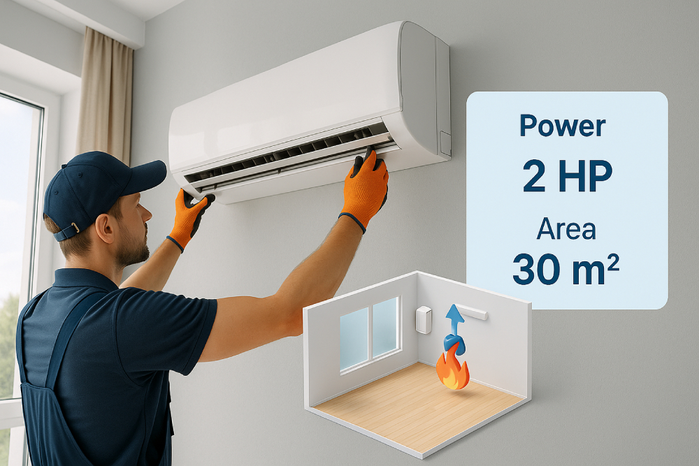 Kỹ thuật viên đang lắp điều hòa công suất 2HP phù hợp cho phòng có diện tích 30m2.