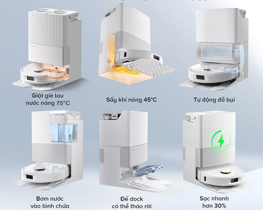 Dock sạc tự động – Giặt giẻ, sấy khô, đổ bụi