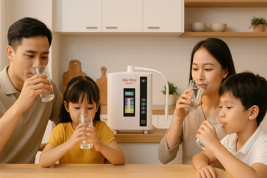 Gia đình sử dụng máy lọc nước ion kiềm Nhật Bản tại Hiệp Hồng Japan để chăm sóc sức khỏe