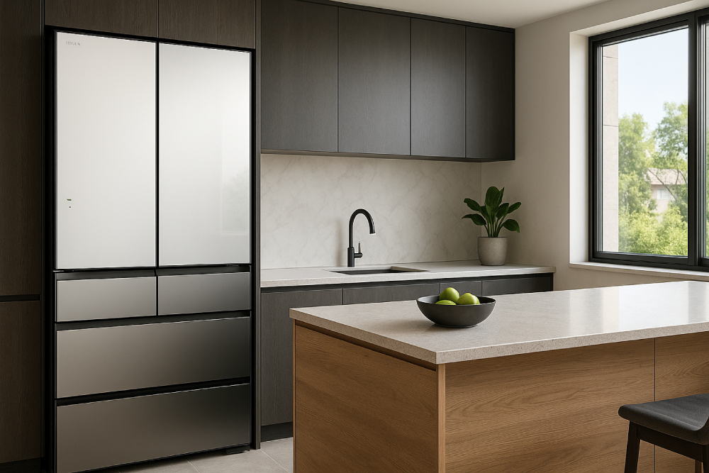 Tủ lạnh Hitachi R-WXC74X-X nội địa nhật trong không gian bếp sang trọng