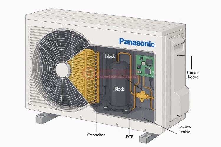 Cấu tạo cục nóng máy lạnh với các bộ phận bên trong hiển thị rõ ràng