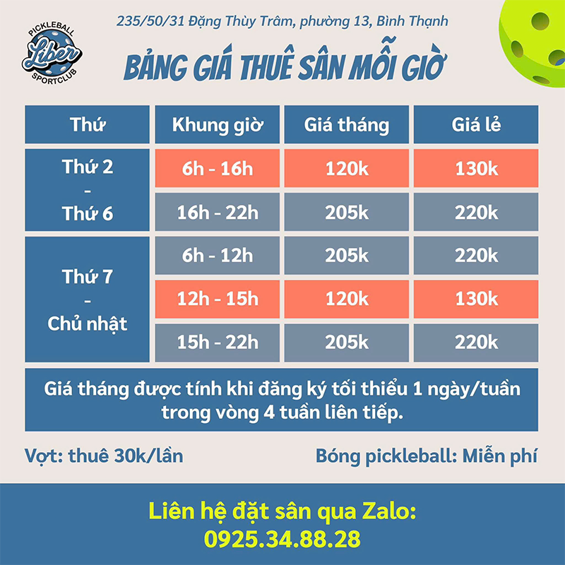 Giá thuê sân Pickleball Liber chỉ từ 95.000đ/giờ, kèm dịch vụ cho thuê vợt