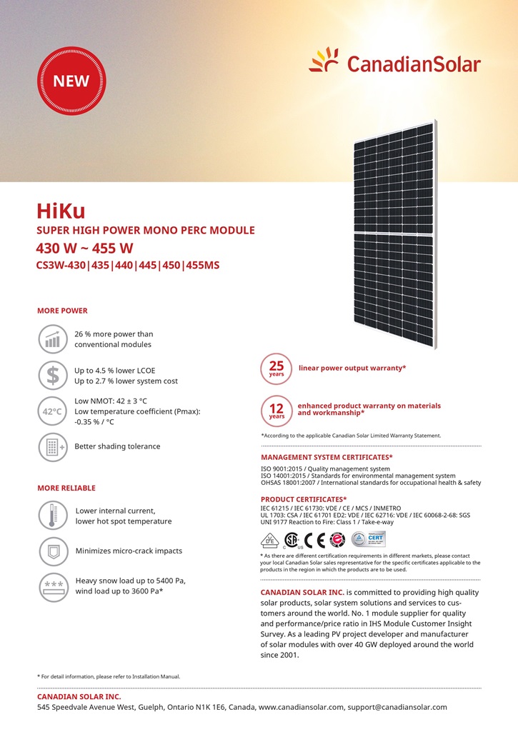 Pin mặt trời công suất lớn Canadian Solar HiKu CS3W-455MS (455W)
