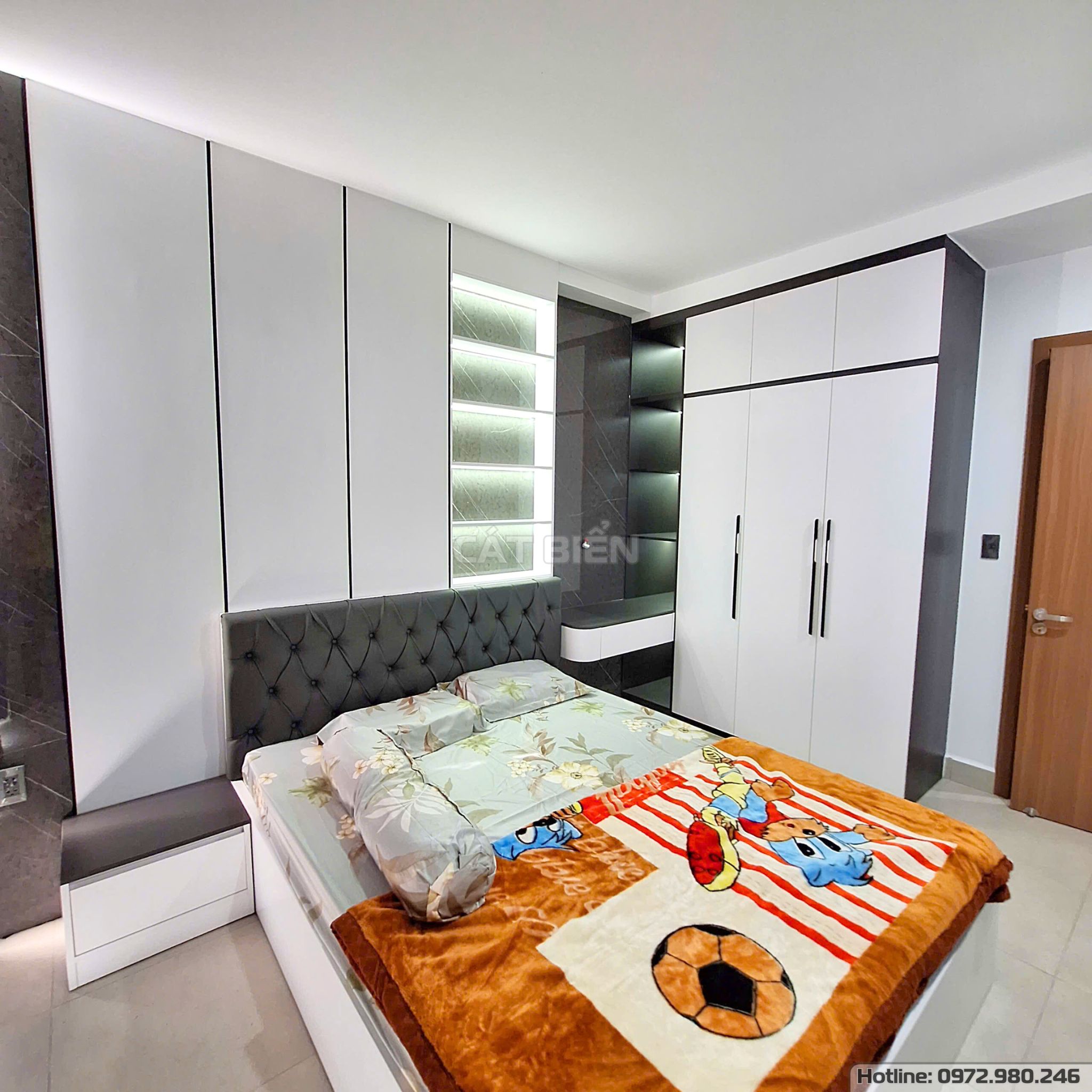 xưởng thiết kế sản xuất thi công lắp đặt nội thất chung cư sophia phú cường giường ngủ, tủ đầu giường, tủ quần áo, bàn trang điểm, bàn làm việc, tấm than tre trang trí vân nước gỗ công nghiệp rạch giá kiên giang