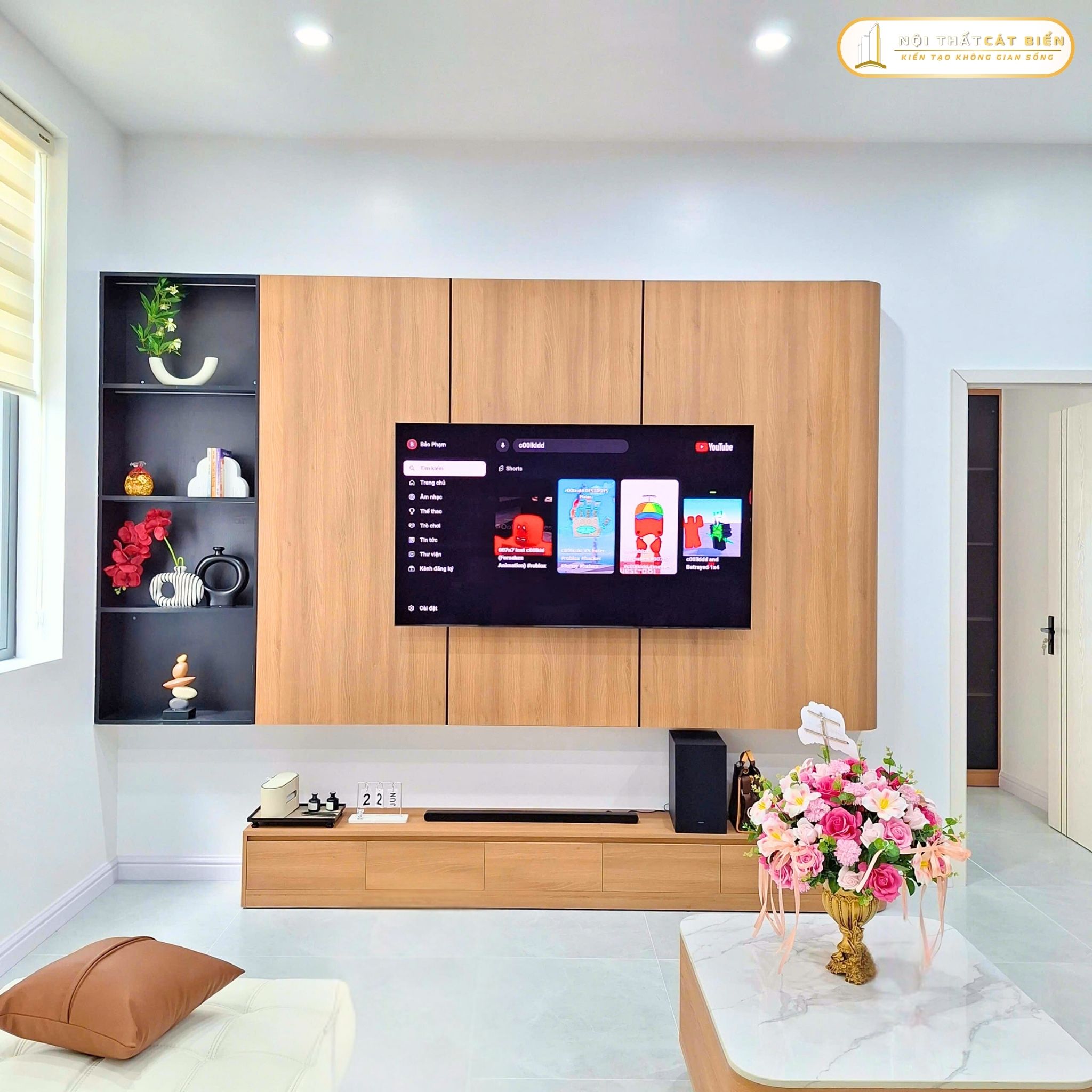 xưởng thiết kế sản xuất thi công lắp đặt tủ kệ tivi, tủ trang trí, bàn tiếp khách phú cường rạch giá