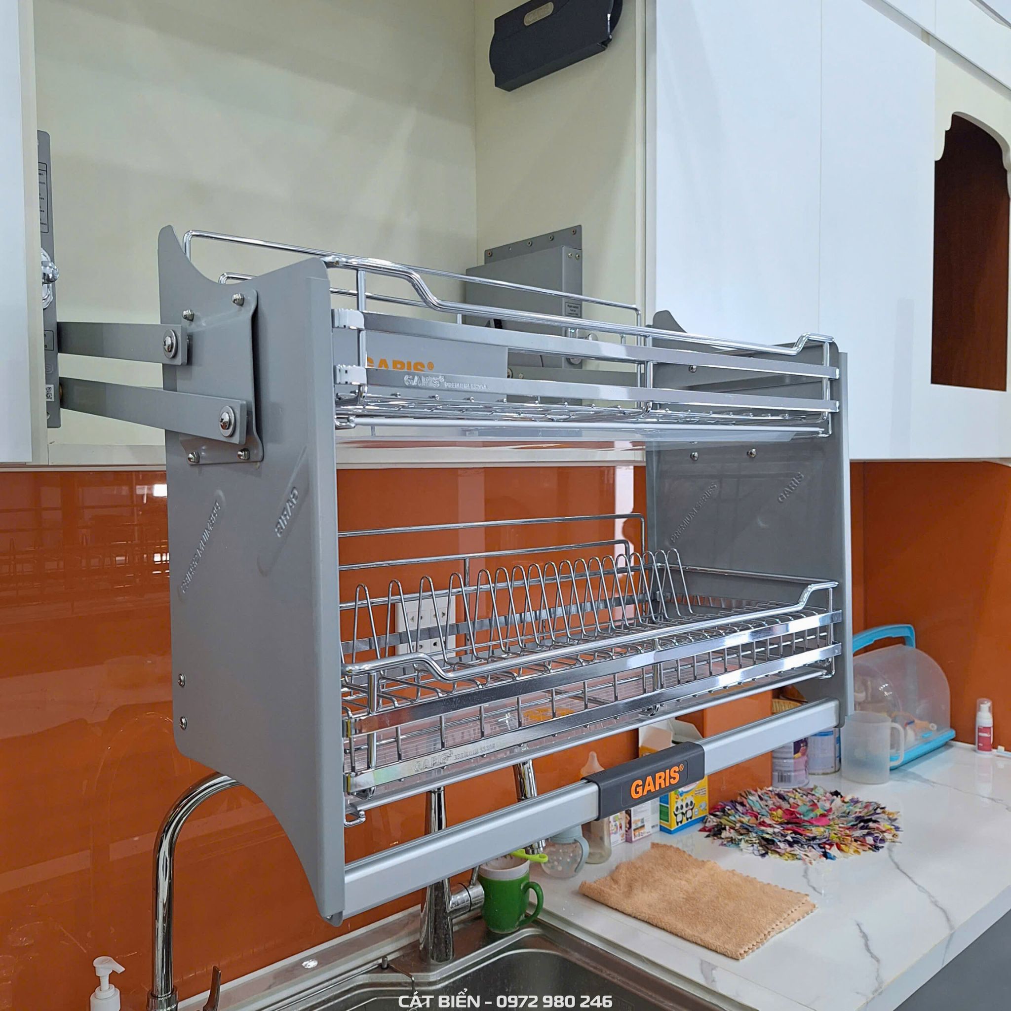 xưởng thiết kế sản xuất thi công lắp đặt tủ bếp, giá nâng hạ bát đĩa xong nồi, kệ giao thớt chai lọ, phụ kiện bếp thông minh, khung bao tủ lạnh tân hiệp kiên giang