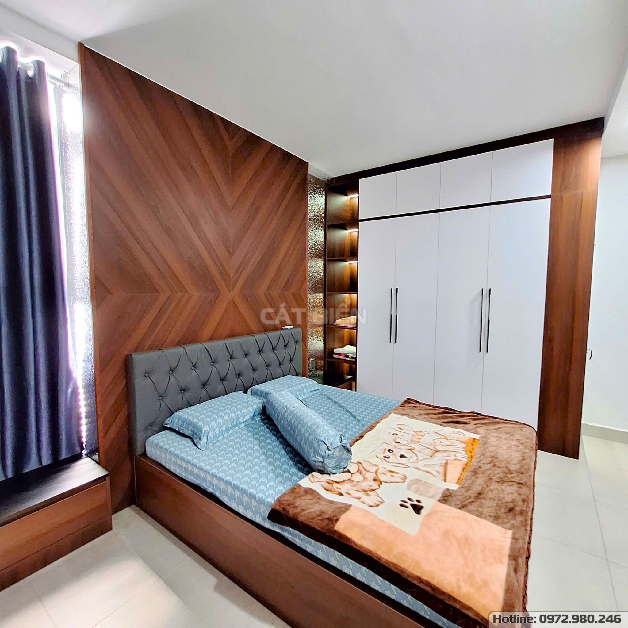 xưởng thiết kế sản xuất thi công lắp đặt nội thất chung cư sophia phú cường giường ngủ, tủ đầu giường, tủ quần áo, bàn trang điểm, bàn làm việc, tấm than tre trang trí vân nước gỗ công nghiệp rạch giá kiên giang