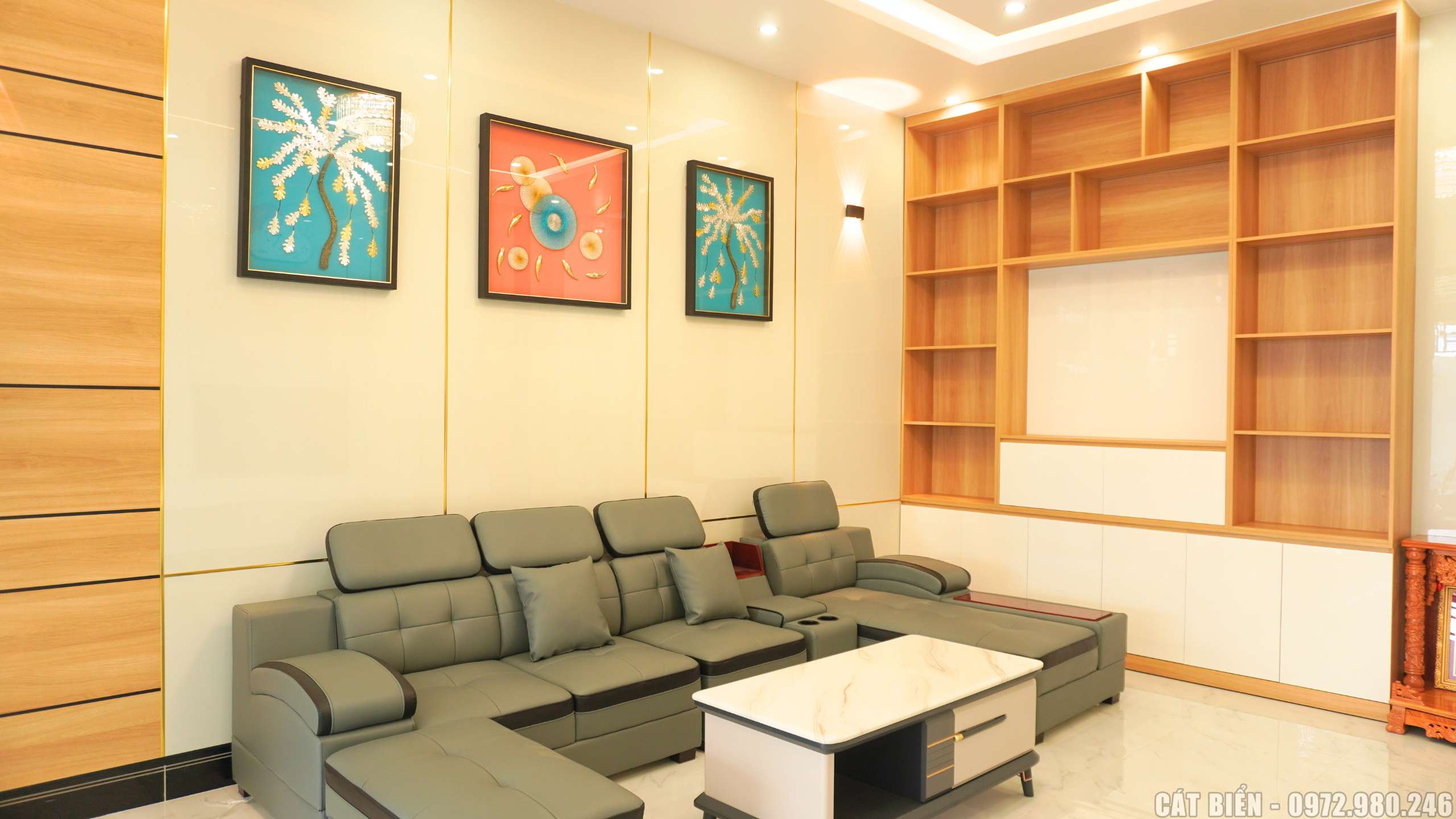 thiết kế thi công nội thất phòng khách vách trang trí kệ tivi minh lương kiên giang