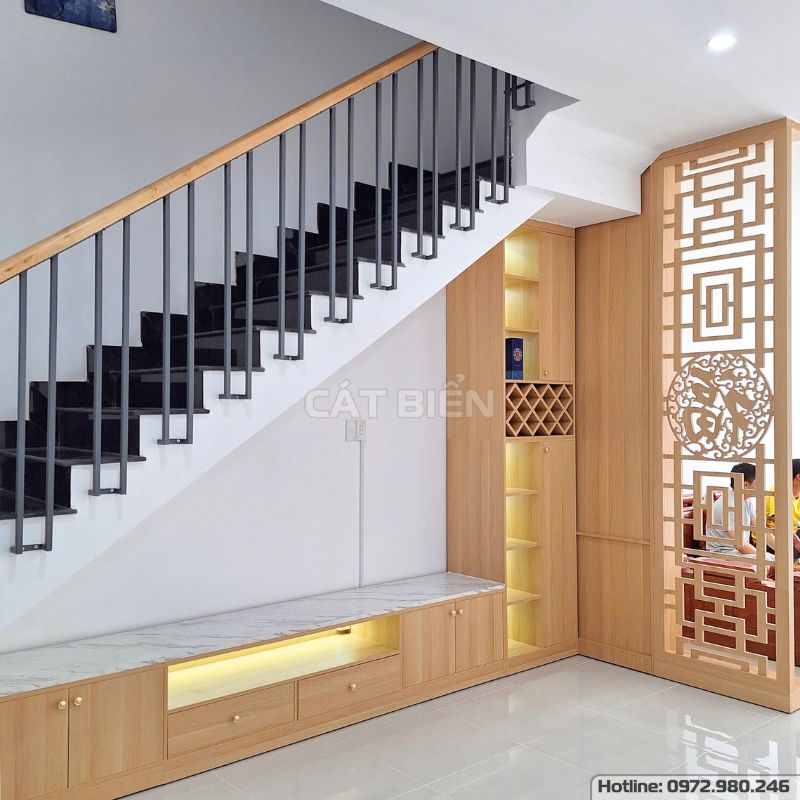 xưởng sản xuất thiết kế thi công lắp đặt tủ cầu thang, tủ vách trang trí CNC MDF, kệ tivi khu tây bắc rạch giá kiên giang