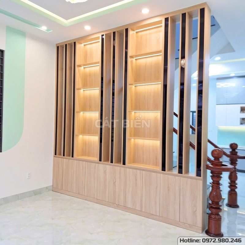 xưởng sản xuất thiết kế thi công lắp đặt tủ trang trí vách ngăn phòng khách, vách trang trí mdf, kệ tivi kiên lương kiên giang