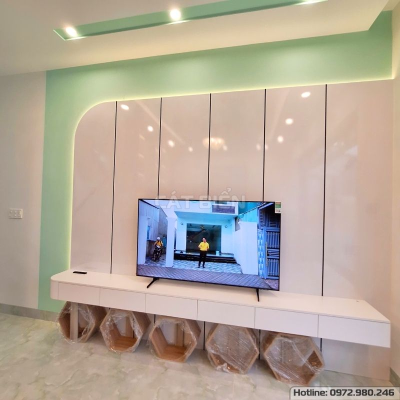 xưởng sản xuất thiết kế thi công lắp đặt tủ trang trí vách ngăn phòng khách, vách trang trí mdf, kệ tivi kiên lương kiên giang