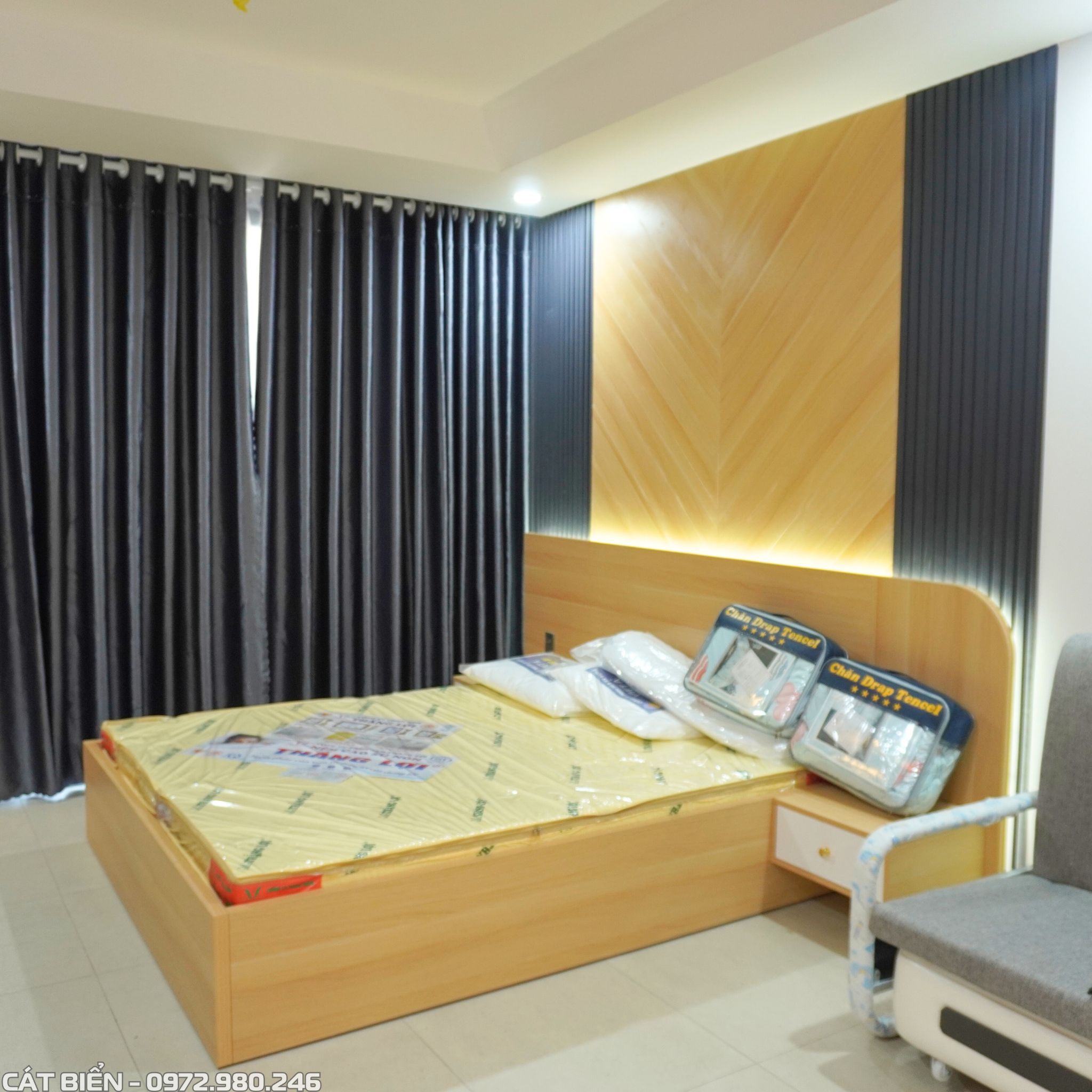 thiết kế sản xuất thi công nội thất chung cư sophia phú cường giường ngủ, tủ đầu giường, kệ tivi, vách trang trí, tủ quần áo, tủ bếp, bàn ăn rạch giá kiên giang