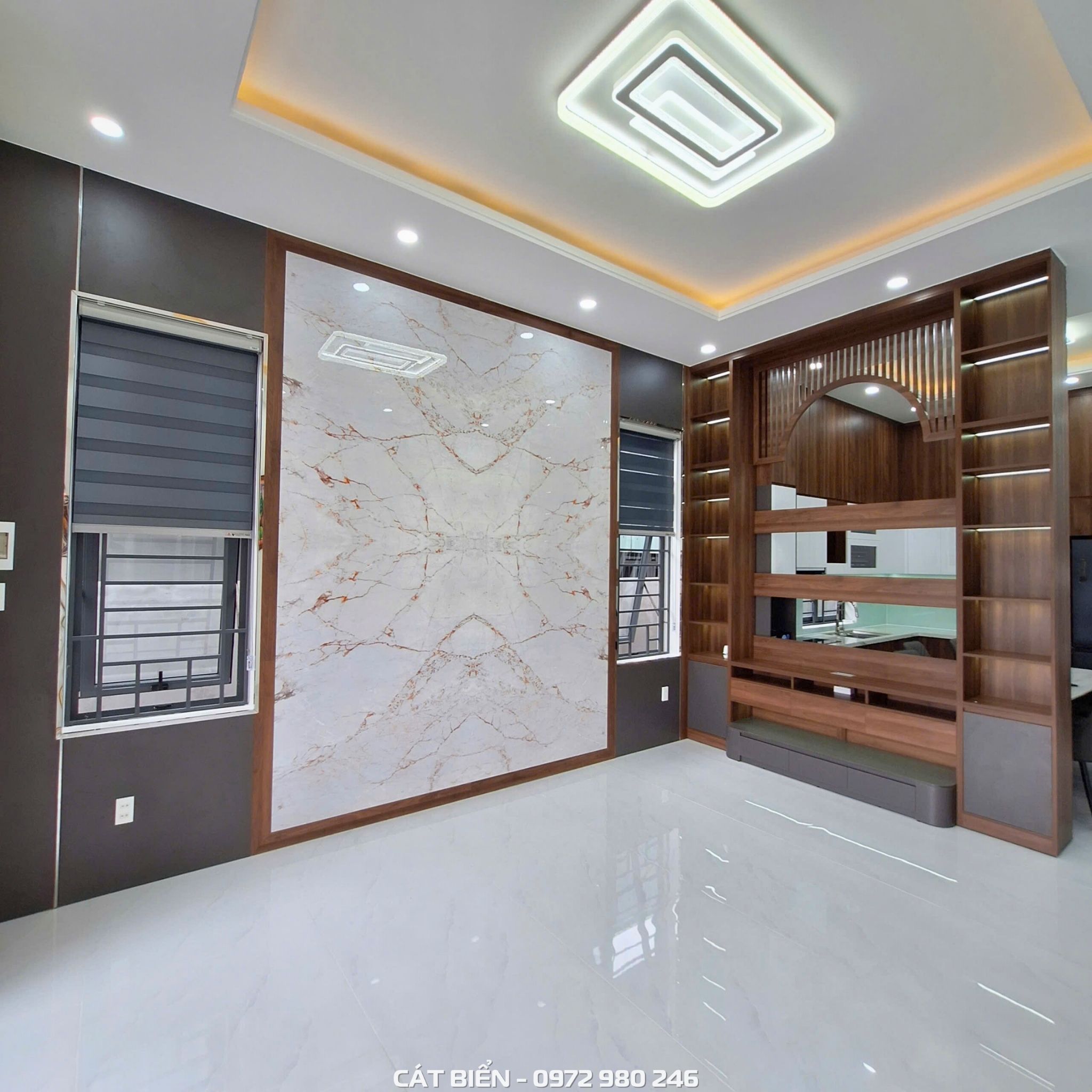 xưởng thiết kế sản xuất thi công lắp đặt tủ kệ tivi, vách ngăn kệ trang trí, vách trang trí tráng gương pvc vân đá hòn đất kiên giang