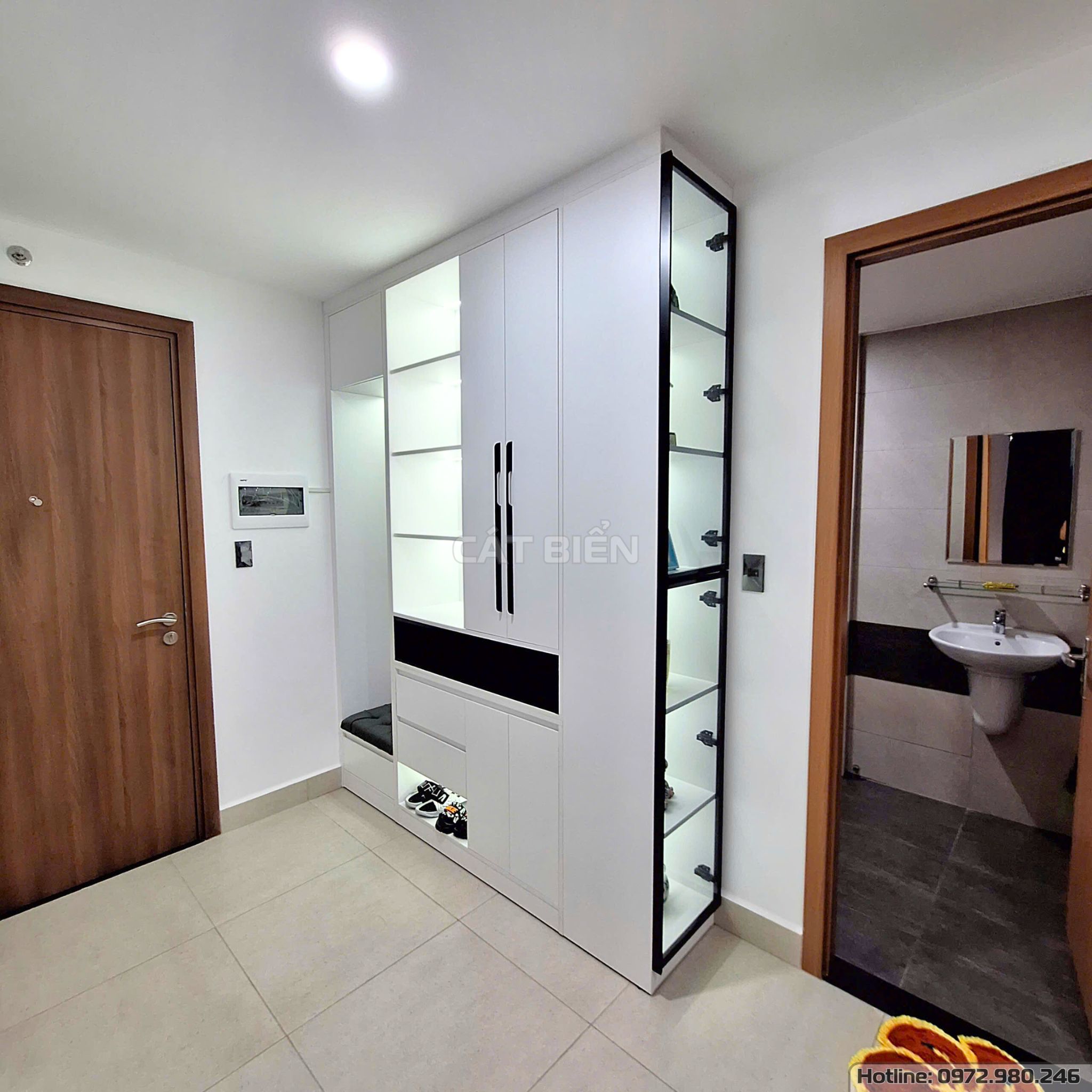 xưởng thiết kế sản xuất thi công lắp đặt nội thất chung cư sophia phú cường tủ giày, tủ trang trí, kệ tivi, vách trang trí than tre vân đá gỗ công nghiệp rạch giá kiên giang