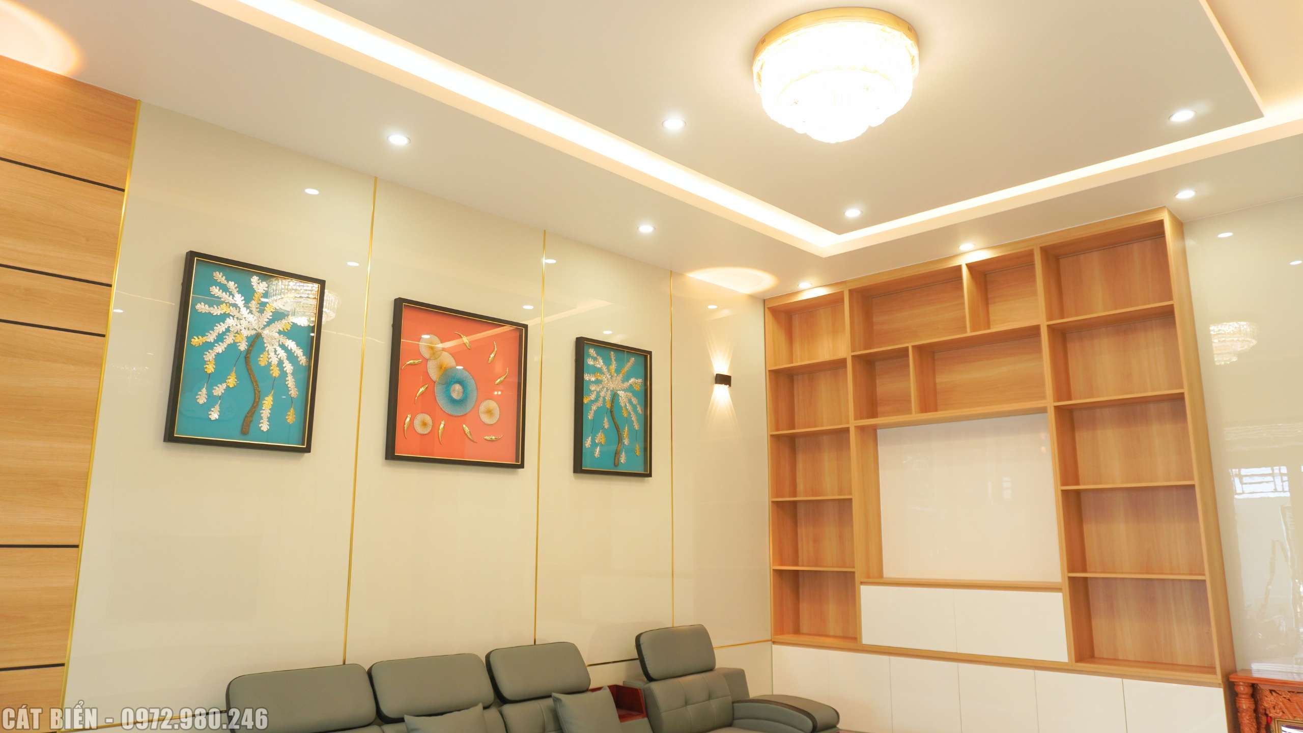 thiết kế thi công nội thất phòng khách vách trang trí kệ tivi minh lương kiên giang