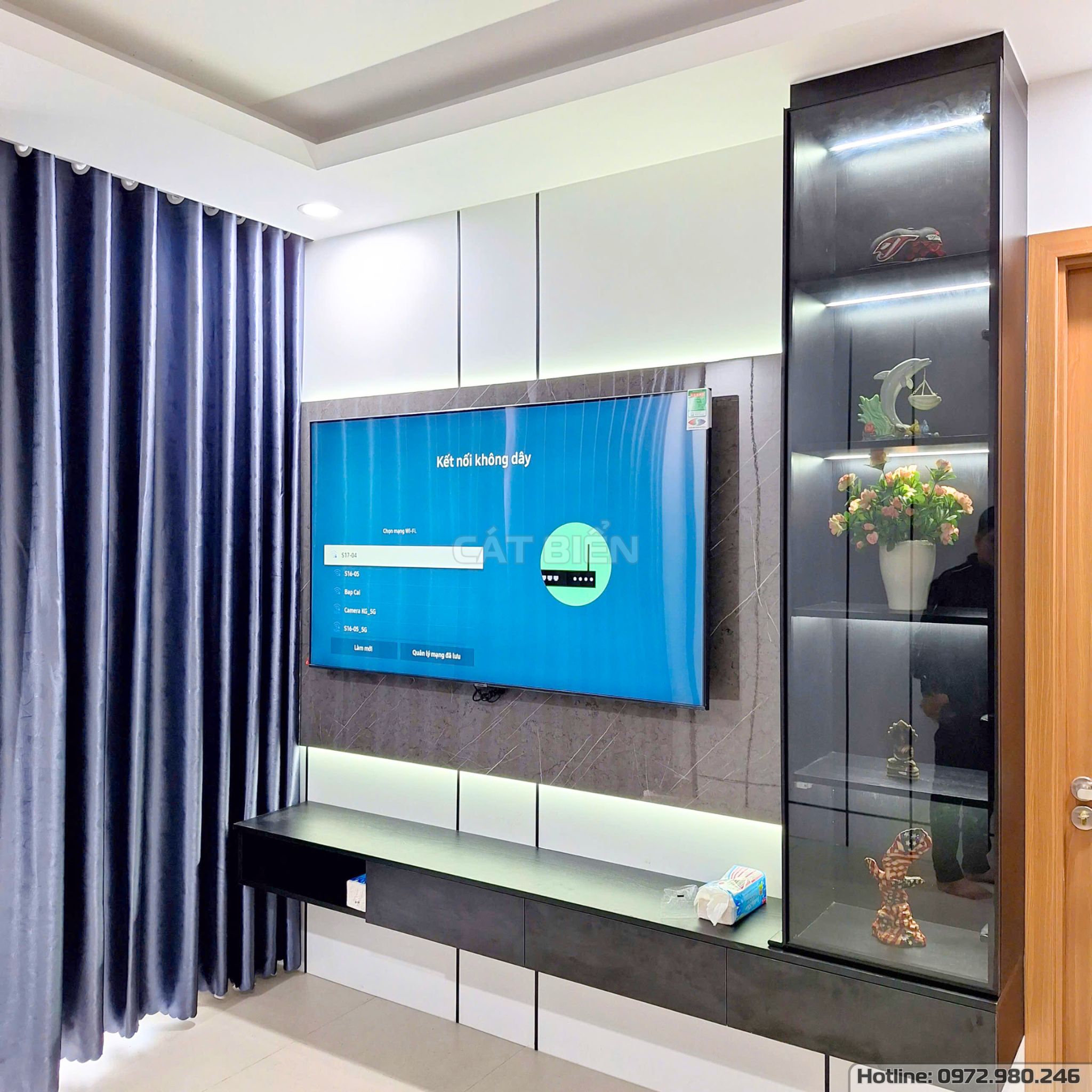 xưởng thiết kế sản xuất thi công lắp đặt nội thất chung cư sophia phú cường tủ giày, tủ trang trí, kệ tivi, vách trang trí than tre vân đá gỗ công nghiệp rạch giá kiên giang