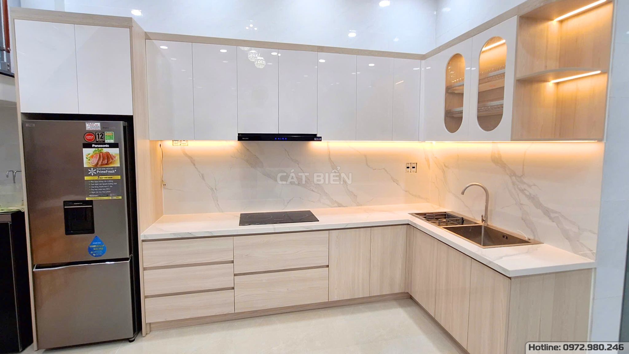 xưởng sản xuất thiết kế thi công lắp đặt tủ bếp có phụ kiện thông minh, khung bao tủ lạnh vĩnh thuận kiên giang