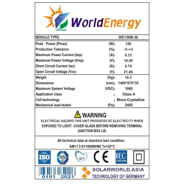 Thông số TẤM PIN MẶT TRỜI MONOCRYSTALLINE WE150W
