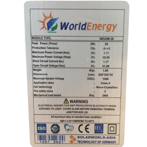 Thông số Tấm pin năng lượng mặt trời Mono World Energy (WE20W)