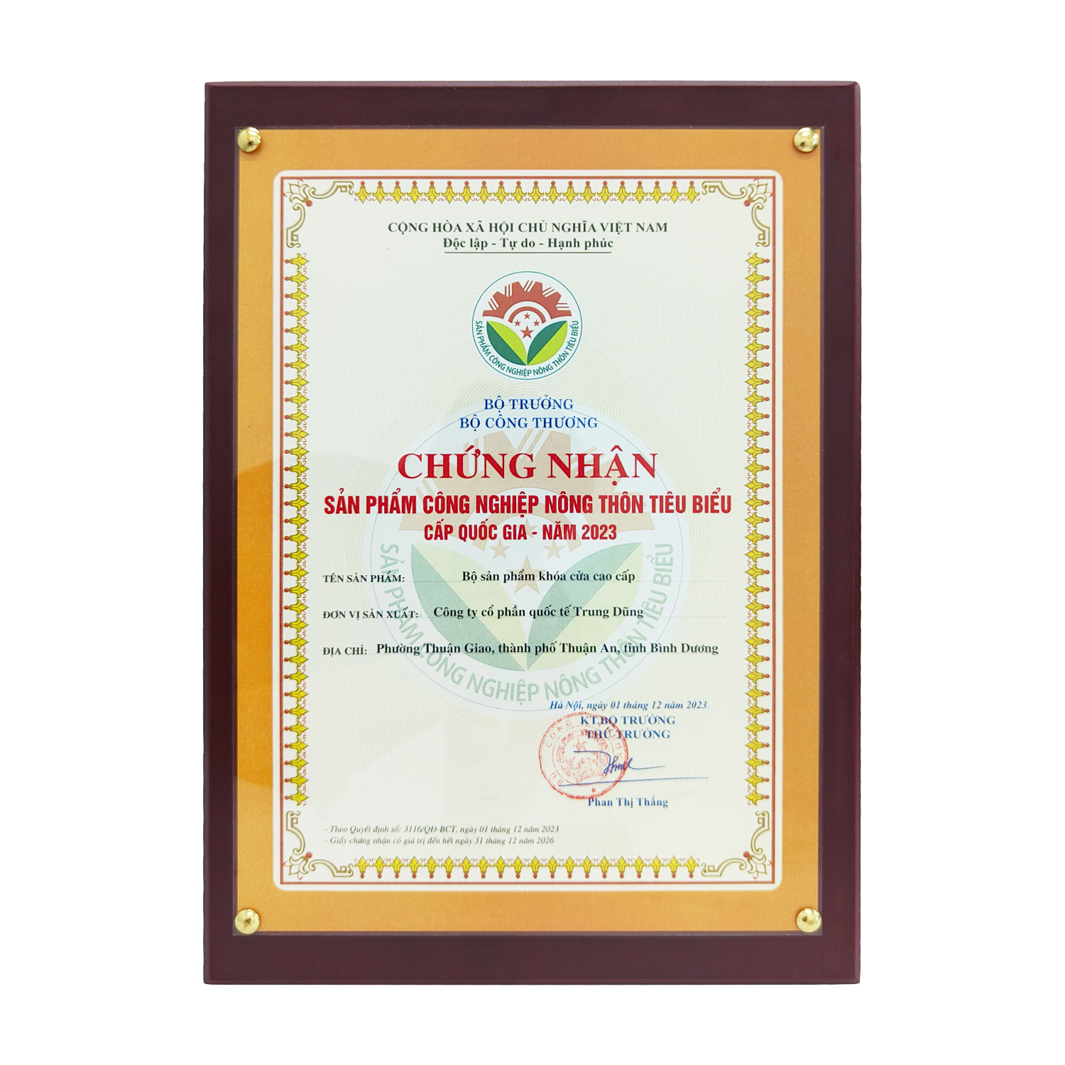 Chứng nhận Sản phẩm Công nghiệp Nông thôn tiêu biểu cấp Quốc gia năm 2023