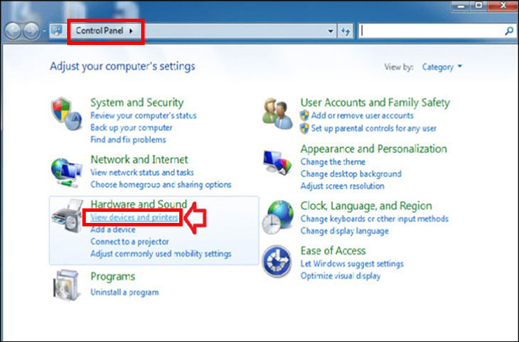 Vào Control Panel > Chọn View Devices and Printers