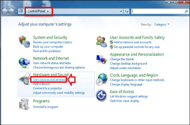 Vào Control Panel > Chọn View Devices and Printers
