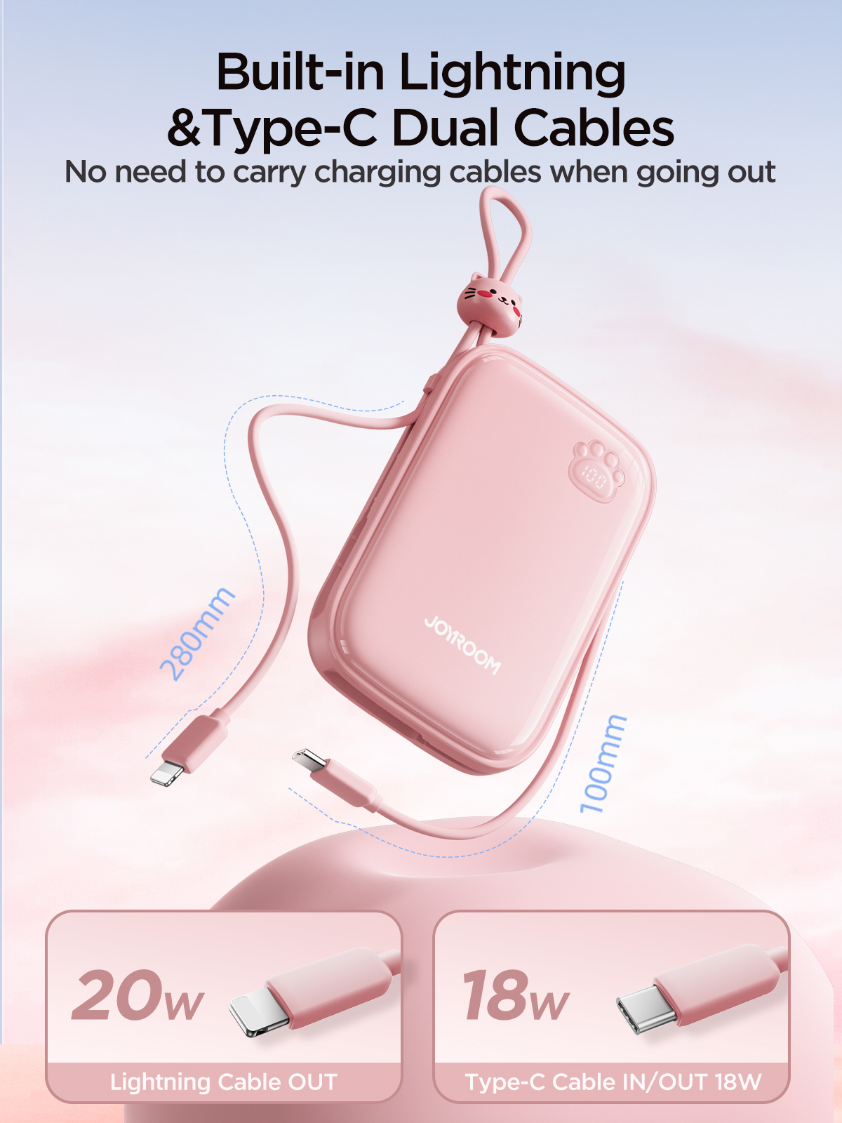 Sạc dự phòng iPhone Joyroom Cuties 22.5W Plus 20000mAh tích hợp 2 dây sạc USBC + iPhone