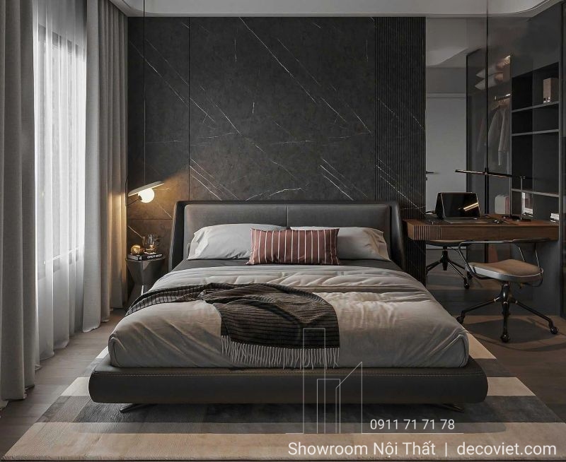 Giường bọc da với kiểu dáng thanh thoát, mang lại cảm giác êm ái khi ngủ.