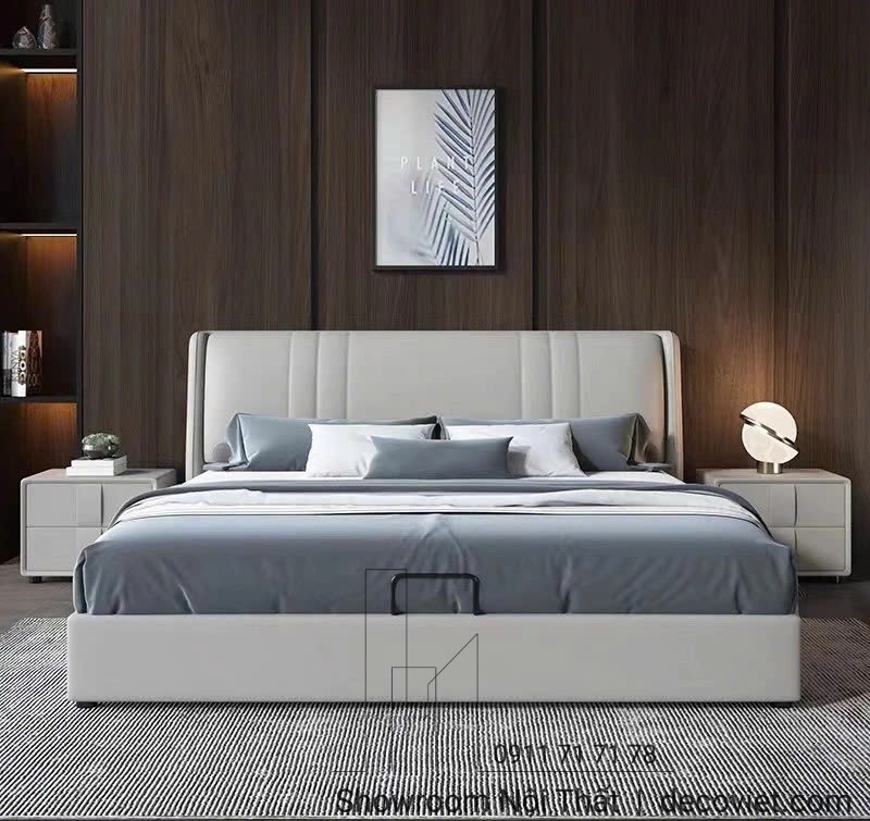 thiết kế tinh tế với tông be nhẹ nhàng và với bọc nệm xung quang giường tạo sự êm ái, thoải mái