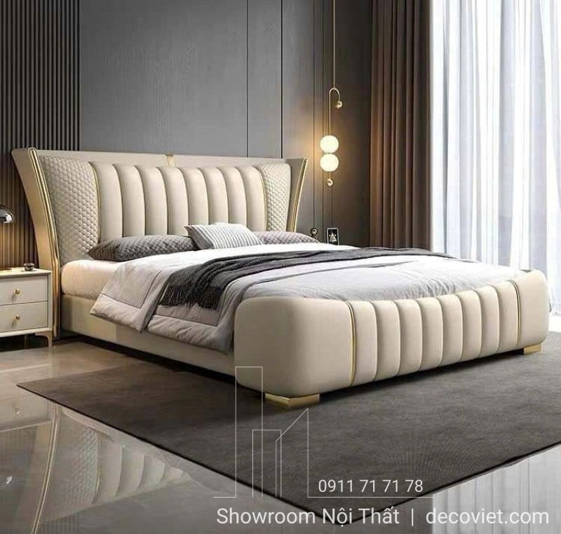 Bề mặt da mịn, khung giường vững chắc, thiết kế tinh gọn phù hợp gai đình có trẻ em