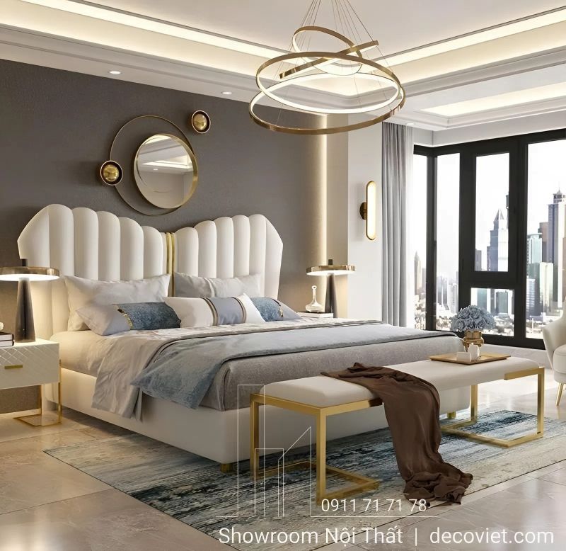 Đường nét tinh xảo, đầu giường bọc da tỉ mỉ mang hơi hướng châu Âu cổ điển.