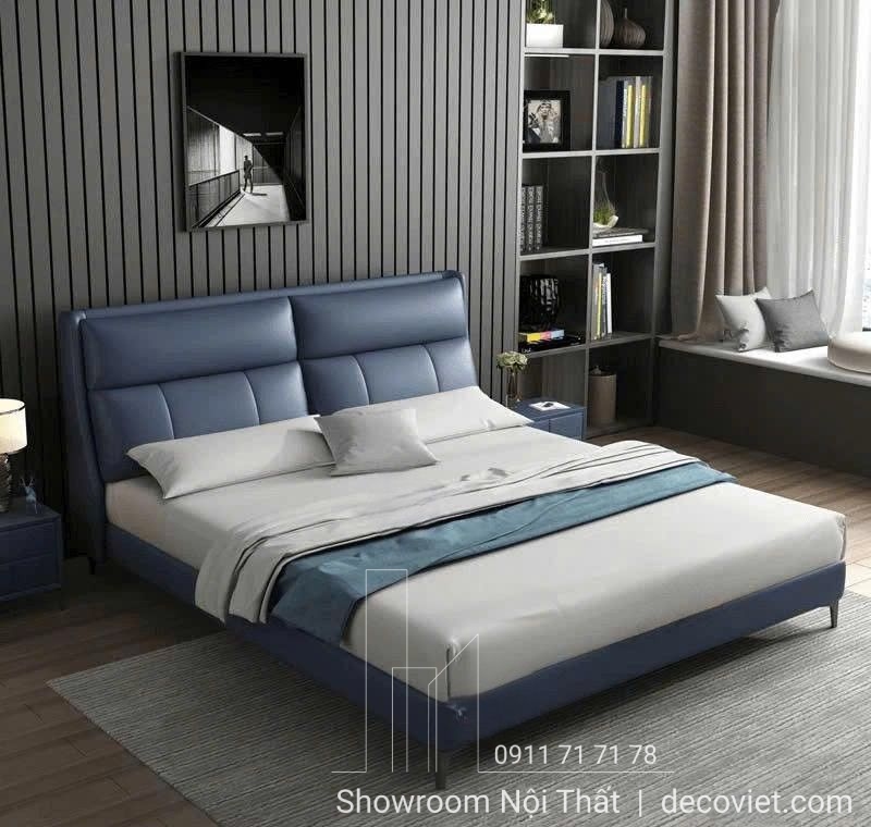 Giường ngủ thiết kế gam màu xanh hiện đại với gầm giường thấp, tựa lưng bọc da êm ái