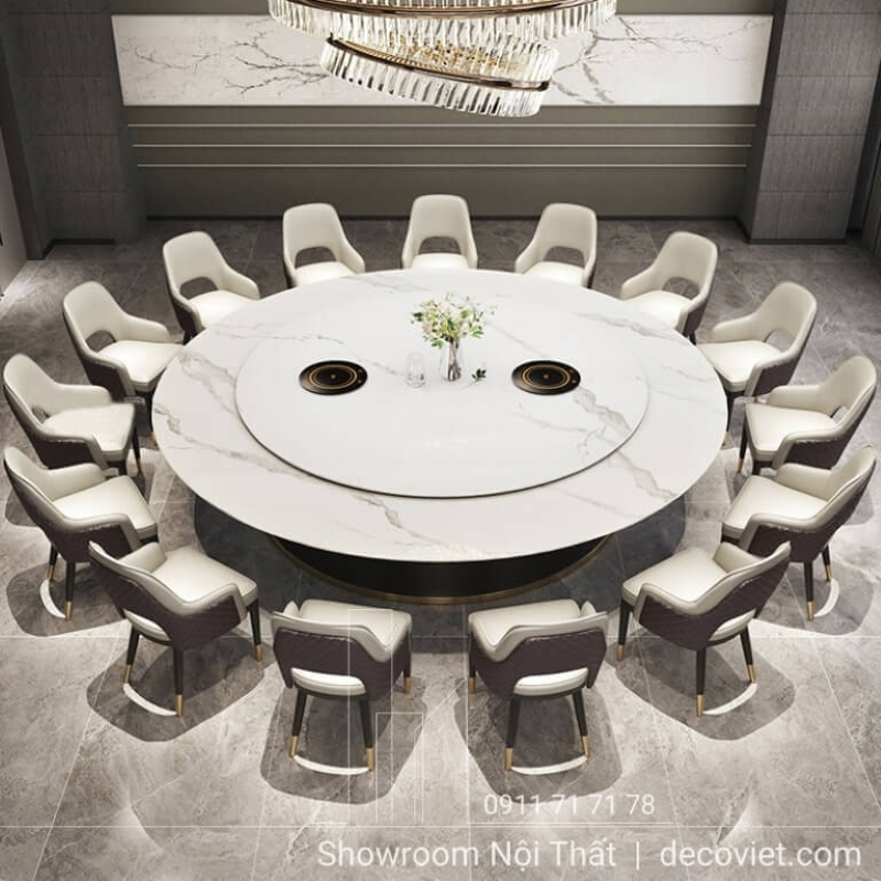 bàn ăn xoay tròn 16 ghế thiết kế 2 bếp từ ẩn tiện lợi